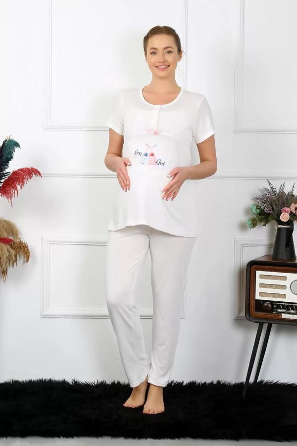 Kadın Kısa Kol Hamile Lohusa Pijama Takımı Ekru - Image 1