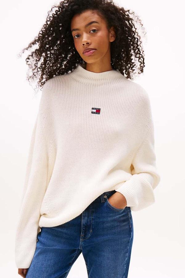 Tommy Hilfiger Kadın Yarım Balıkçı Yaka Pamuklu Triko Kazak – Ekru - Image 1