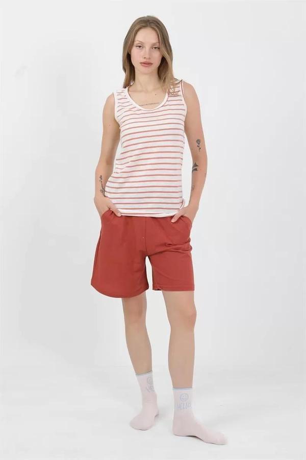 Kadın Kalın Askılı Pamuk Penye Şortlu Takım Turuncu - Image 1