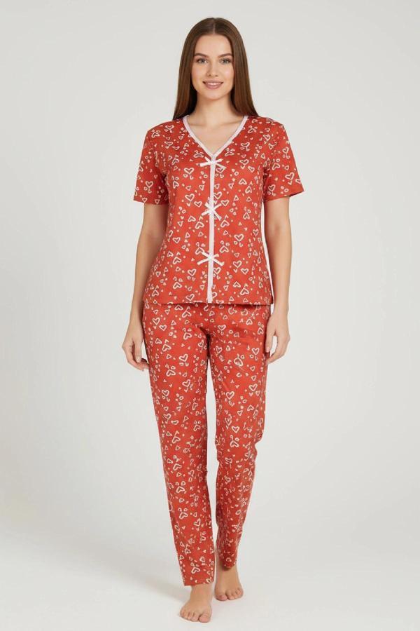 Kadın Turuncu Kalp Desenli Fiyonklu Kısa Kollu Uzun Pijama Takımı - Image 1