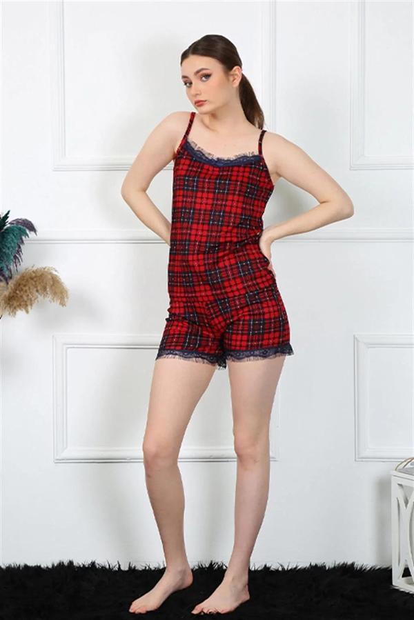 Kadın İp Askılı Ekoseli Şortlu Takım Kırmızı - Image 1