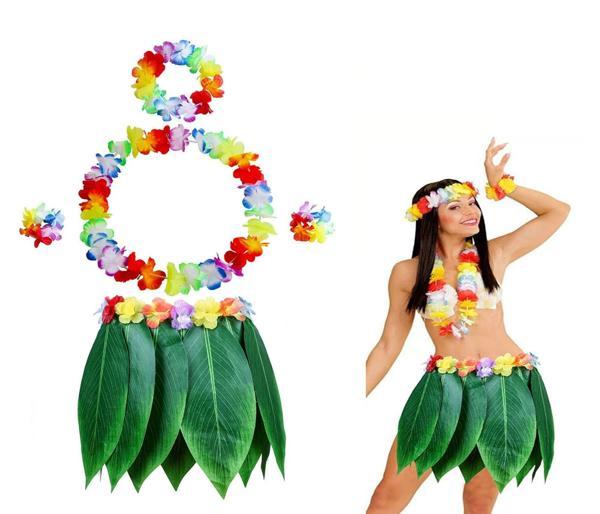 Yetişkin Hawaii Kostüm Seti - Yaprak Etek & Hawaii Set - 5 Parça - Image 1