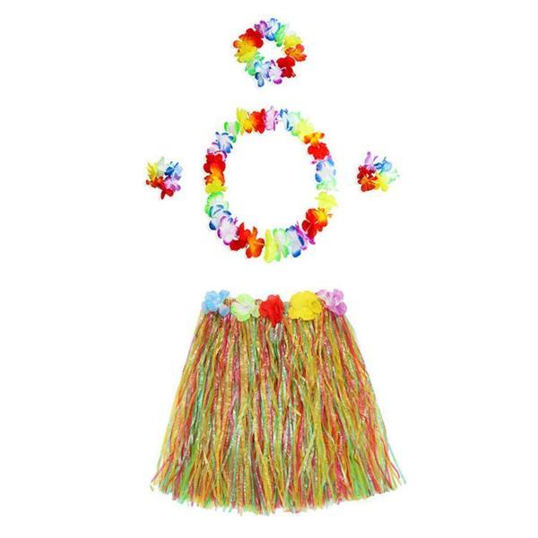 Yetişkin ve Çocuk Uyumlu Luau Aloha Hawaii  Kolye Renkli Etek Taç ve Bileklik Seti - Image 1