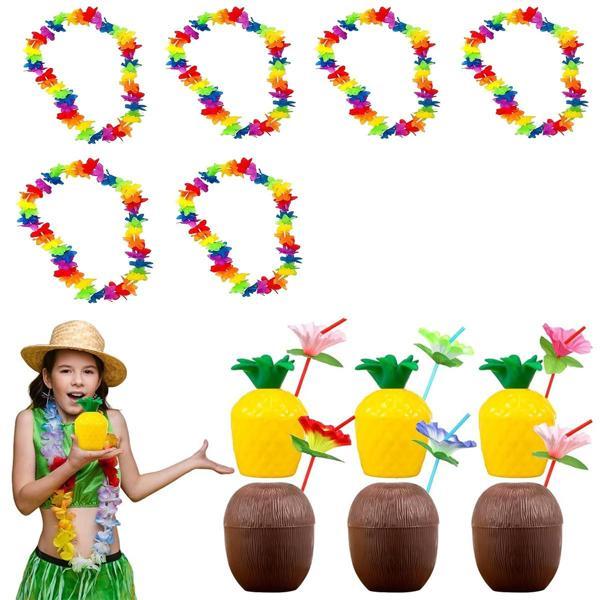 Tropikal Hawaii Parti Malzemeleri – Kolye, Pipet, Bardak Seti - Image 1