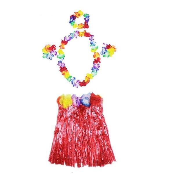 Luau Aloha Hawaii  Kolye Etek Taç ve Bileklik Seti Kırmızı - Image 1