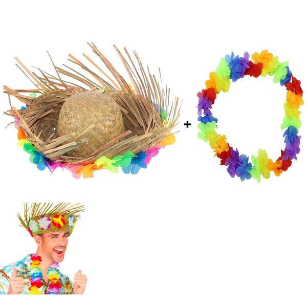 Hawaii Tarzı Tropikal Çiçekli Hasır Şapka ve Çiçekli Hawaii Kolye - Image 1