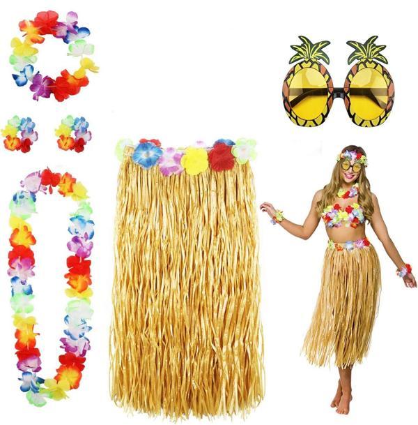 Hawaii Parti Kostüm Seti - 60 cm Hasır Etek, Çiçekli Aksesuarlar ve Ananas Gözlük - Image 1
