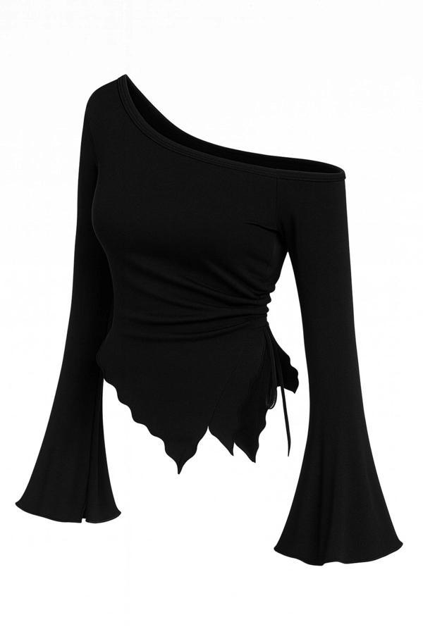 Kadın Siyah Uzun İspanyol Kollu Asimetirik Yaka Yandan Bağlamalı Drapeli Bluz - Image 1