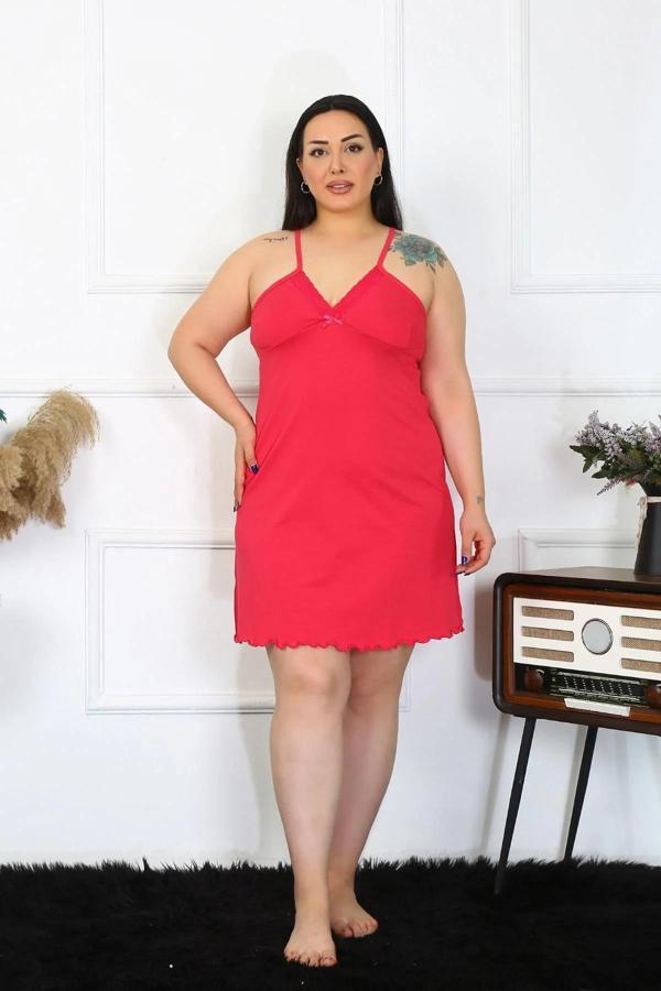 Kadın Pamuklu Fuşya İp Askılı Büyük Beden Gecelik - Image 1