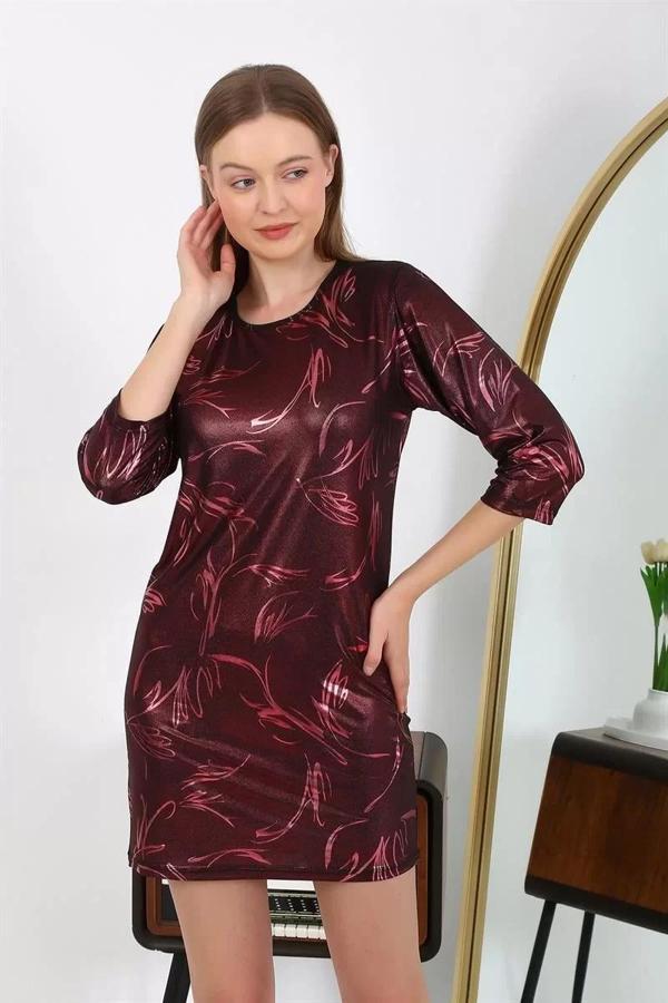 Kadın Micro Kumaş Mini Parlak Elbise Bordo - Image 1