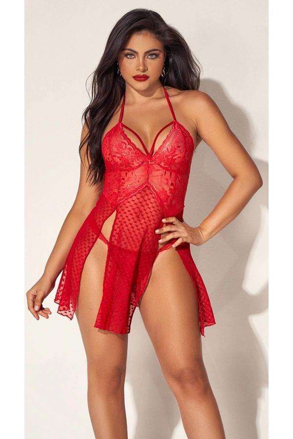 For Dreams 8604 Kırmızı Dantelli Boyundan Askılı Gecelik Takım - Image 1