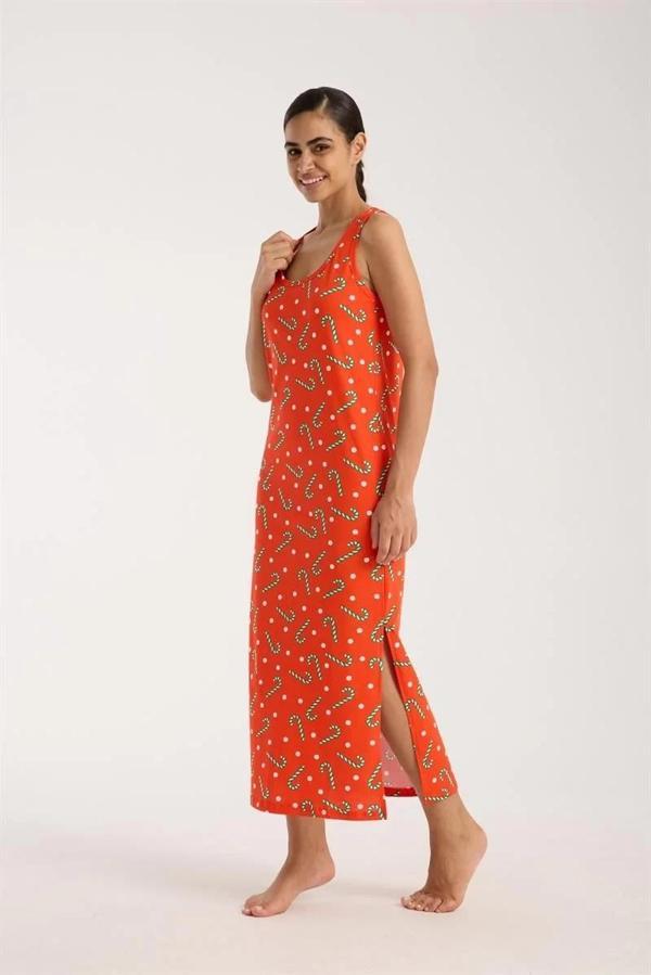 Kadın Kalın Askılı Yırtmaçlı Uzun Turuncu Gecelik - Image 1