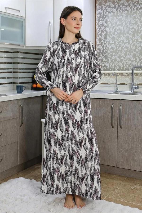 Kadın Uzun Kol Penye Gecelik Ev Elbisesi Mor - Image 1