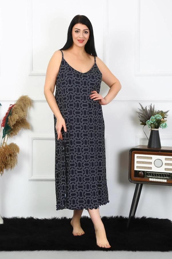 Kadın Büyük Beden İp Askılı Pamuklu Uzun Gecelik - Image 1