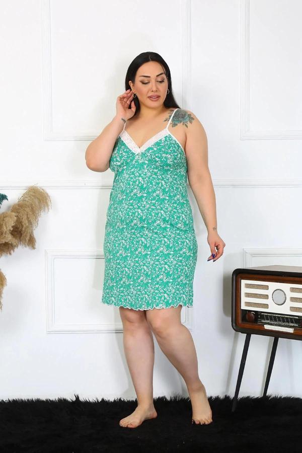 Kadın Pamuklu İp Askılı Büyük Beden Gecelik Turkuaz - Image 1