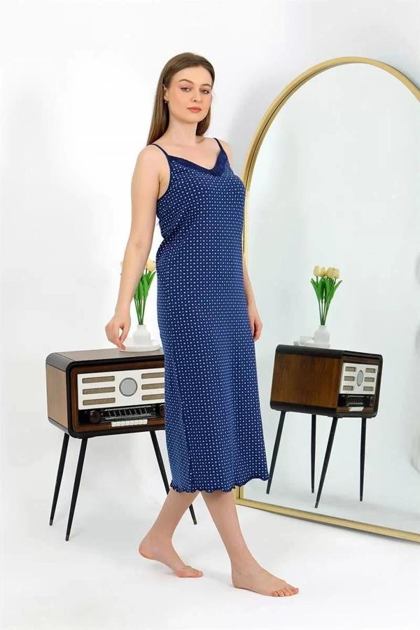 İp Askılı Uzun Yırtmaçlı Penye Gecelik Lacivert - Image 1