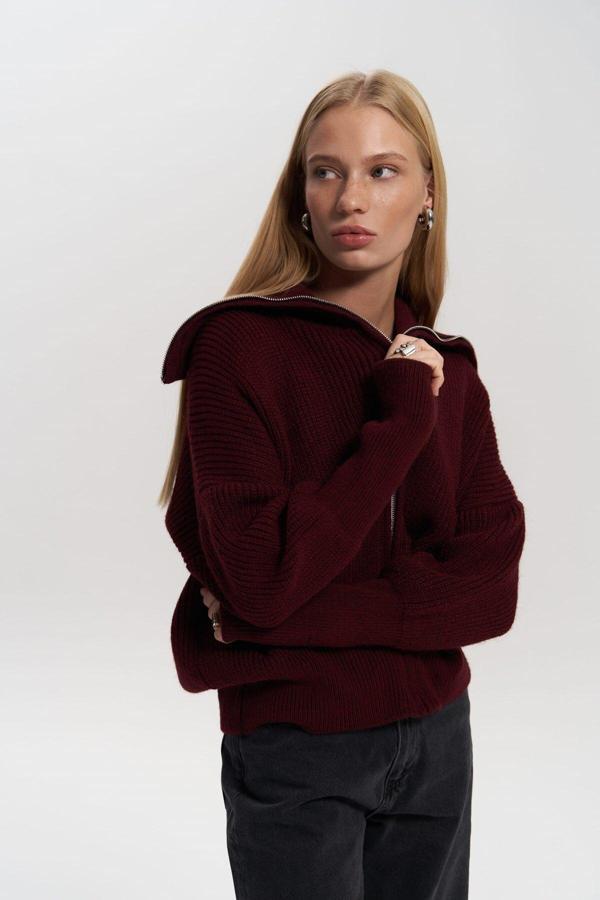 Rafi Bordo Fermuarlı Triko Hırka - Image 1