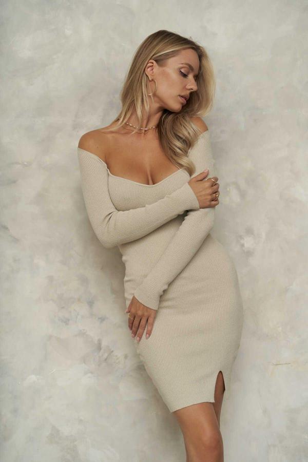 Maison Taş Rengi Mini Triko Elbise - Image 1