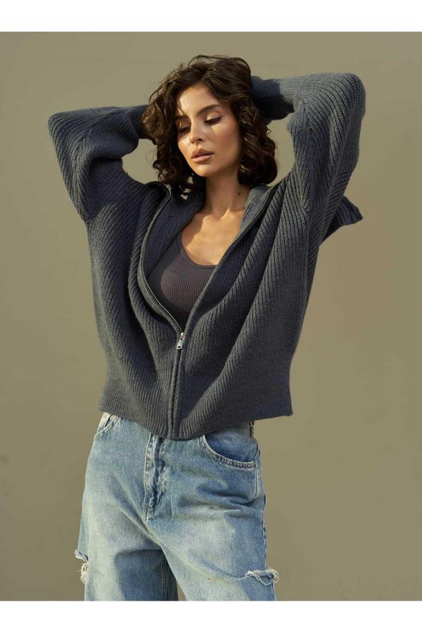 Rafi Indigo Fermuarlı Triko Hırka - Image 1