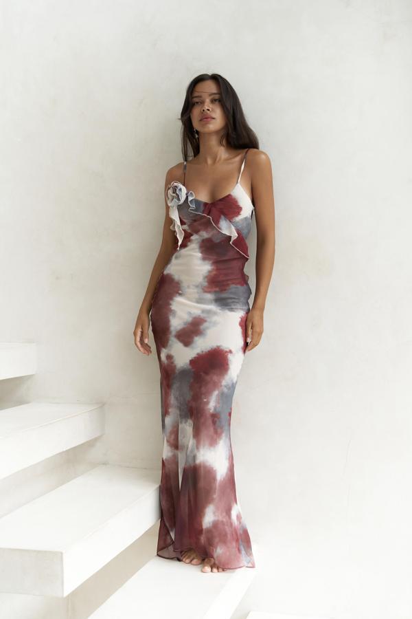 Purtyas Fırfır Detaylı Bordo Uzun Elbise - Image 1