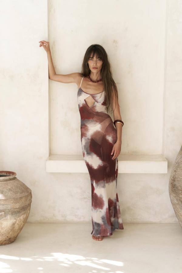 Diavonesta Bağcık Detay Dekolteli Bordo Uzun Elbise - Image 1