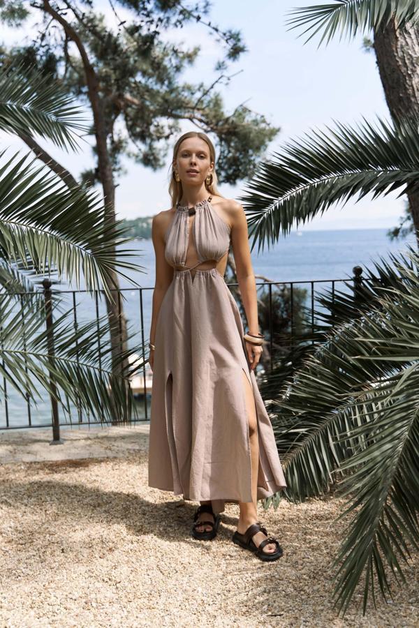 Bunina Bağcıklı Boncuk Detay Vizon Uzun Elbise - Image 1