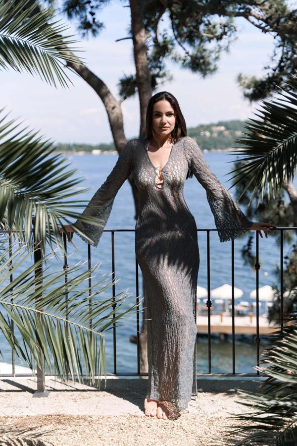 Caroline Dantelli Antrasit Uzun Elbise - Image 1