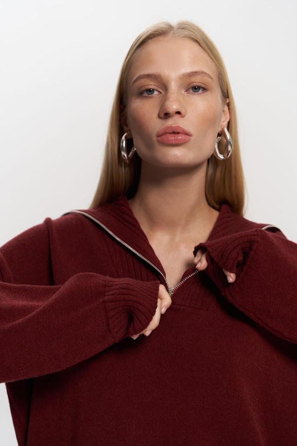 Lorna Fermuarlı Bordo Triko Kazak - Image 1