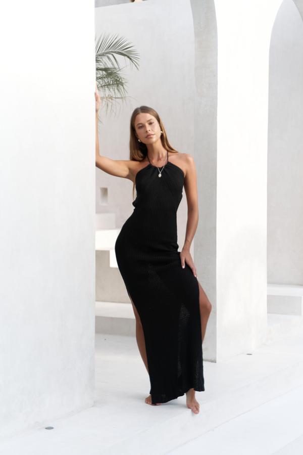 Salinas Bağcık Detay Siyah Triko Uzun Elbise - Image 1