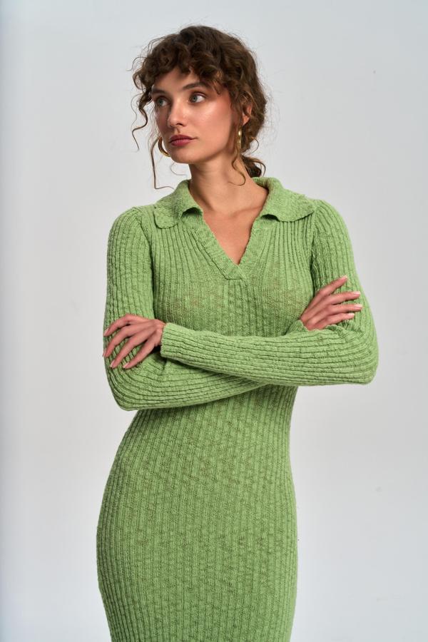 Eloria Polo Yaka Yeşil Triko Elbise - Image 1