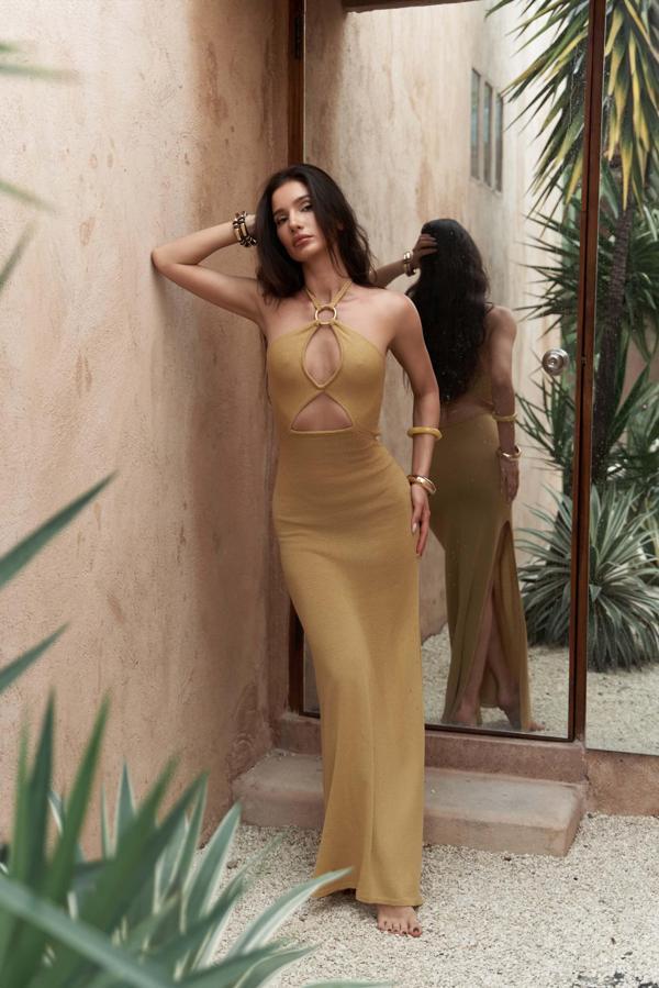 Dantei Halka Detay Boyundan Bağcıklı Hardal Triko Uzun Elbise - Image 1