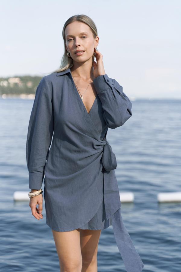 Gormelia Bağlamalı İndigo Elbise - Image 1