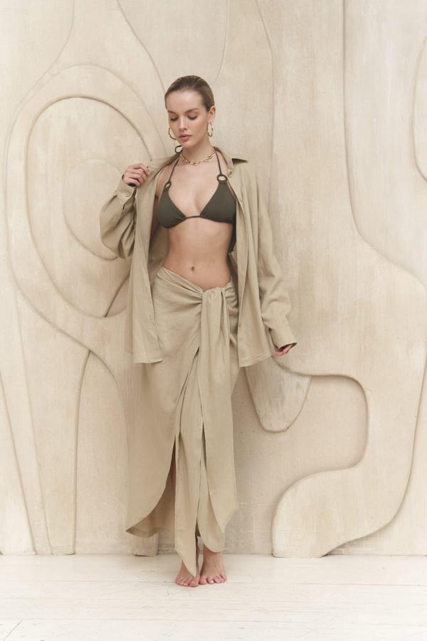 Charlotte Bej Bağlamalı Keten Etek - Image 1