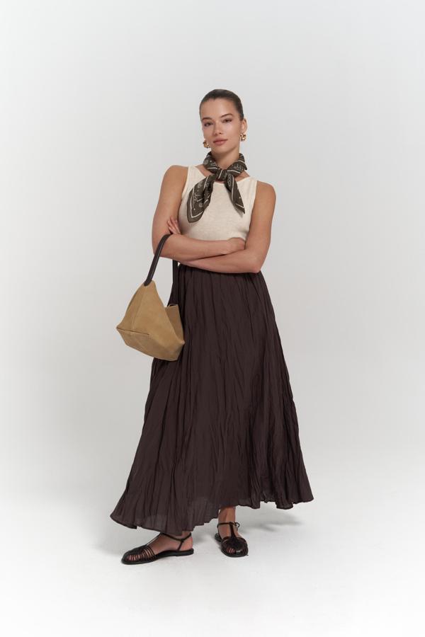 Jayla Kırışık Detay Uzun Kahve Etek - Image 1