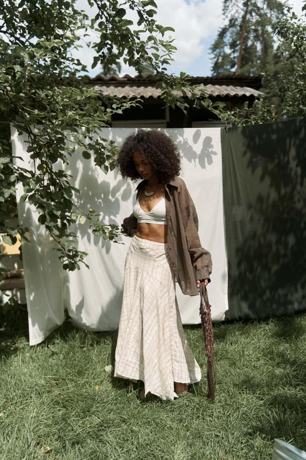 Peigi Çizgili Parçalı Bej Midi Etek - Image 1