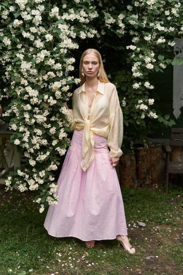 Sera Pile Detay Pembe Uzun Etek - Image 1