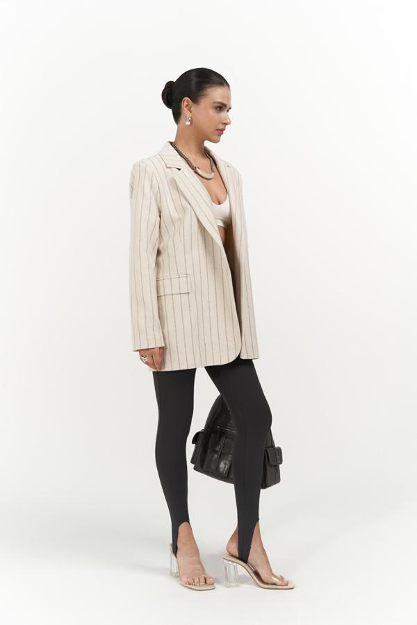 Juba Füme Çizgili Bej Basic Blazer - Image 1