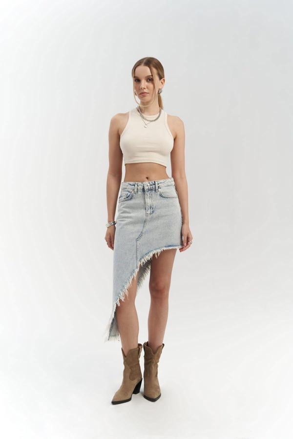 Matteau Püskül Detay Mavi Jean Etek - Image 1