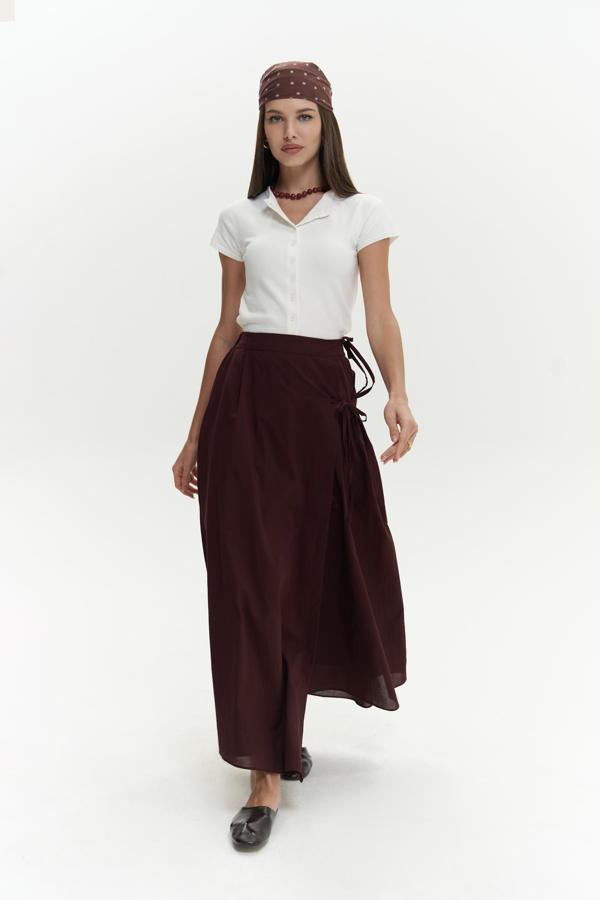 Aida İp Detay Pileli Bordo Etek - Image 1
