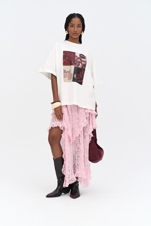 Mireya Asimetrik Pembe Dantel Etek - Image 1