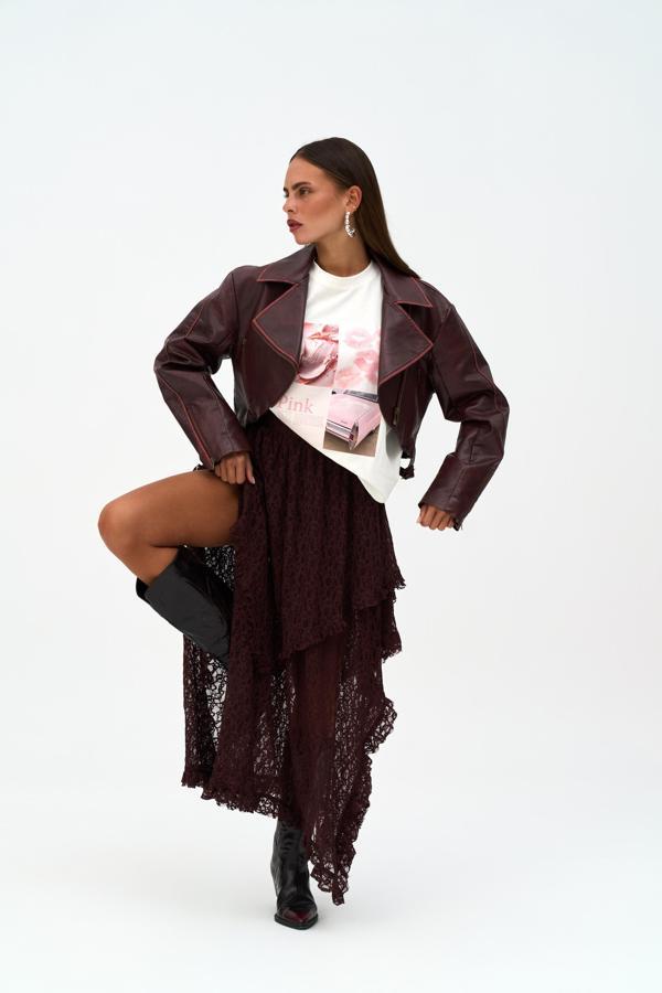 Mireya Asimetrik Bordo Dantel Etek - Image 1