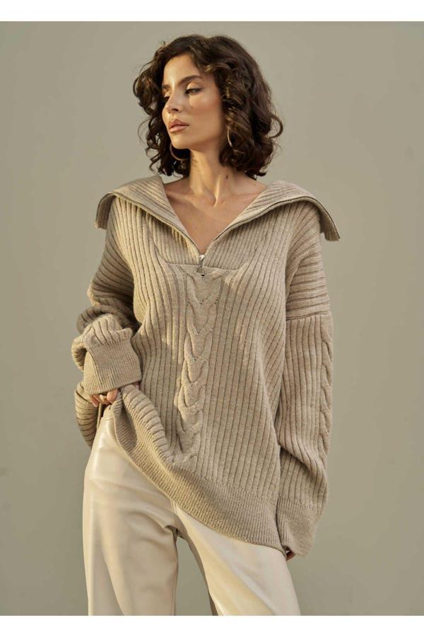 Rika Vizon Saç Örgü Fermuarlı Triko Kazak - Image 1