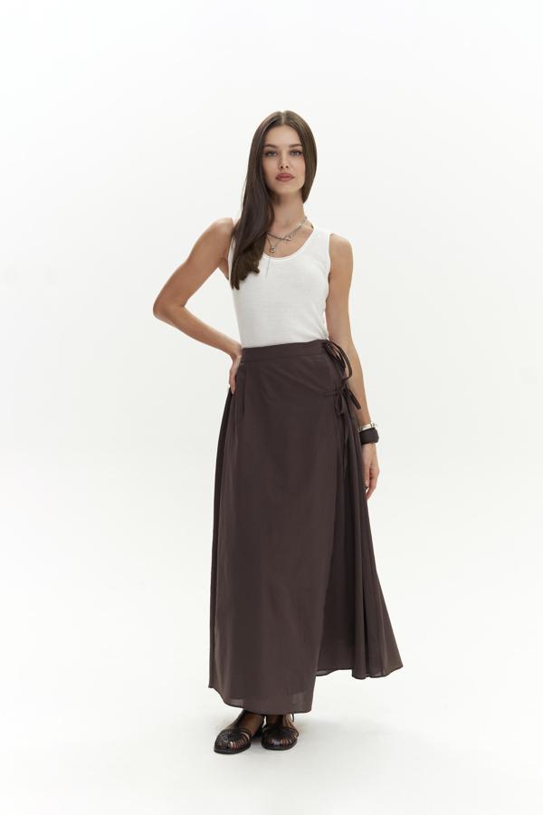 Aida İp Detay Pileli Kahve Etek - Image 1