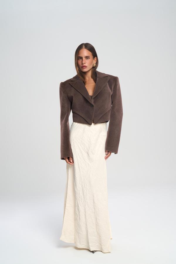 Eubah Kırışık Uzun Ekru Saten Etek - Image 1