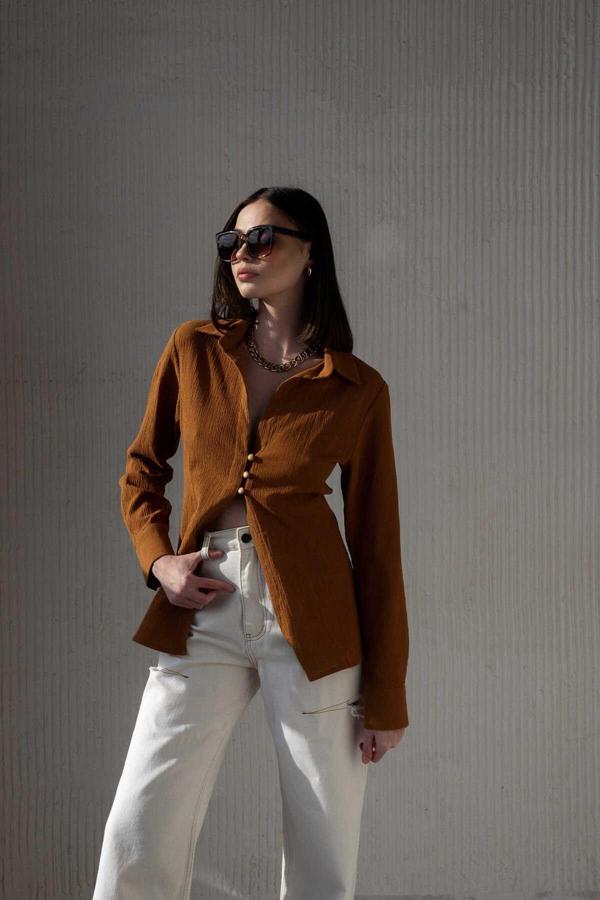 Morrow Ahşap Düğme Detay Kiremit Gömlek - Image 1