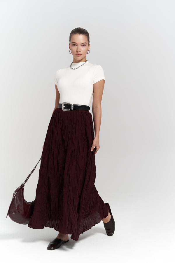 Jayla Kırışık Detay Uzun Bordo Etek - Image 1