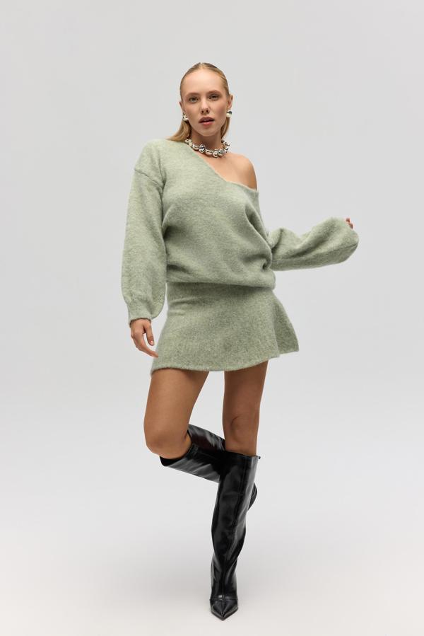 Nordis Volanlı Yeşil Triko Mini Etek - Image 1