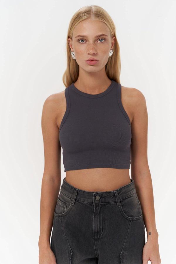 Fleur Fitilli Halter Yaka Antrasit Crop - Image 1