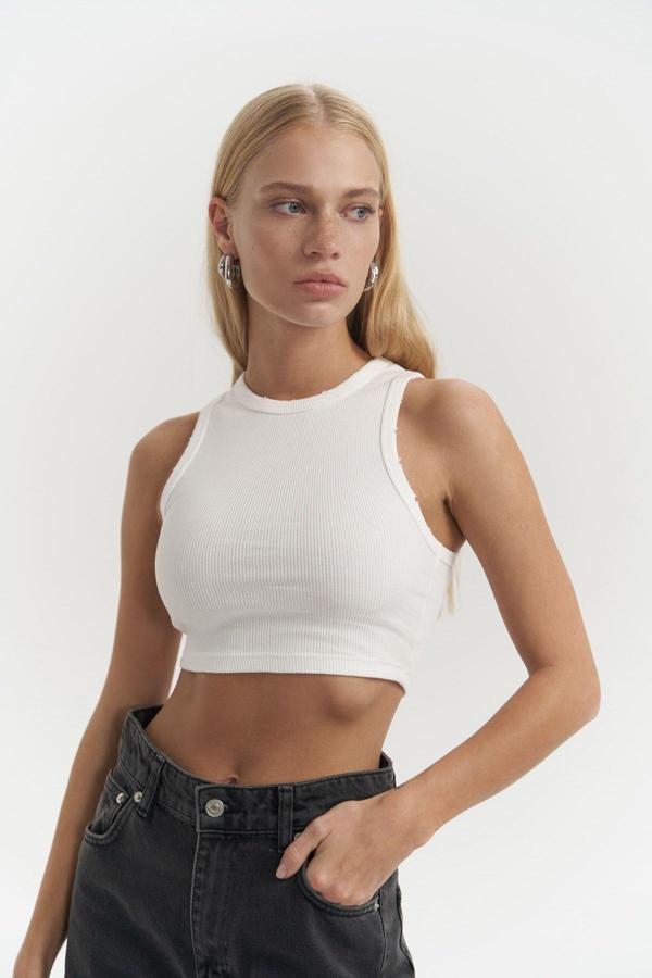 Shoulder Beyaz Yıkamalı Fitilli Crop - Image 1