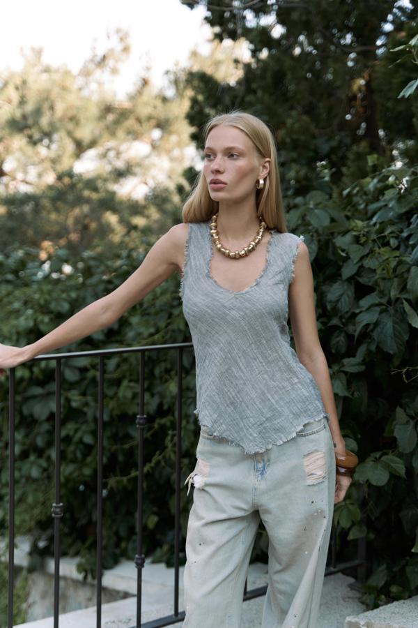 Veilinas Asimetrik Füme Keten Crop - Image 1